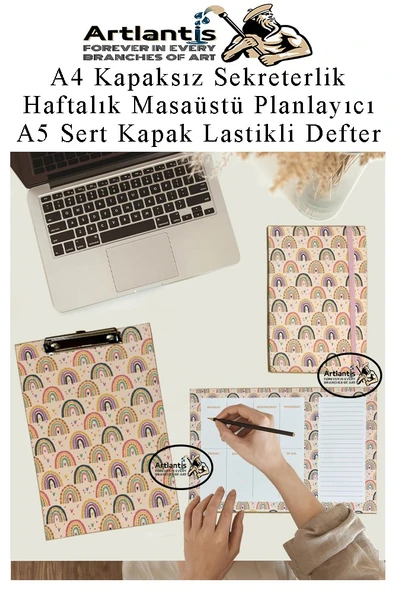 Desenli A4 Kapaksız Sekreterlik Masaüstü Haftalık Planlayıcı ve A5 Sert Kapak Lastikli Defter Planner Planlama Seti Ofis - 8