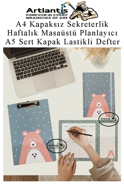 Desenli A4 Kapaksız Sekreterlik Masaüstü Haftalık Planlayıcı ve A5 Sert Kapak Lastikli Defter Planner Planlama Seti Ofis - 3