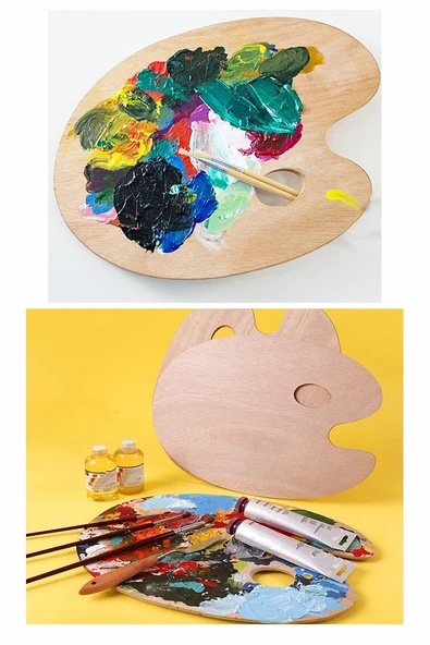Ahşap Palet Oval Naturel 12 li Resim Fırçası Seti 1 Paket Yuvarlak ve Kesik Uçlu Boyama Fırçası Akrilik Yağlı Guaj Boya - 6