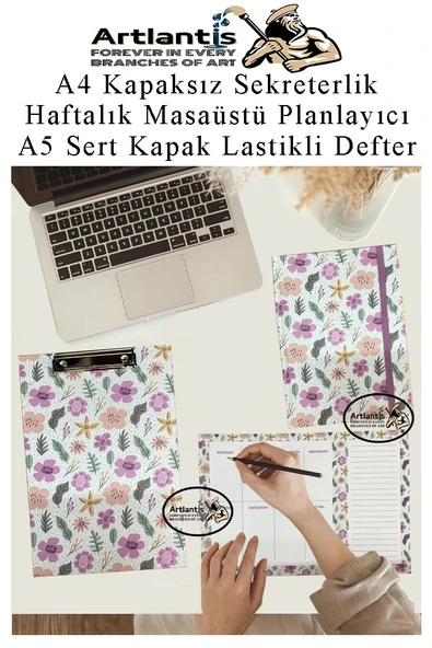 Desenli A4 Kapaksız Sekreterlik Masaüstü Haftalık Planlayıcı ve A5 Sert Kapak Lastikli Defter Planner Planlama Seti Ofis - 6