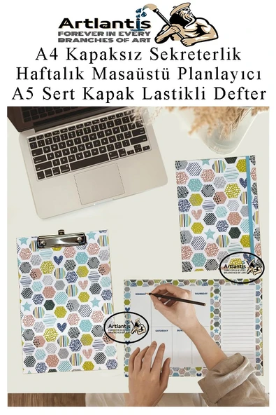 Desenli A4 Kapaksız Sekreterlik Masaüstü Haftalık Planlayıcı ve A5 Sert Kapak Lastikli Defter Planner Planlama Seti Ofis - 9