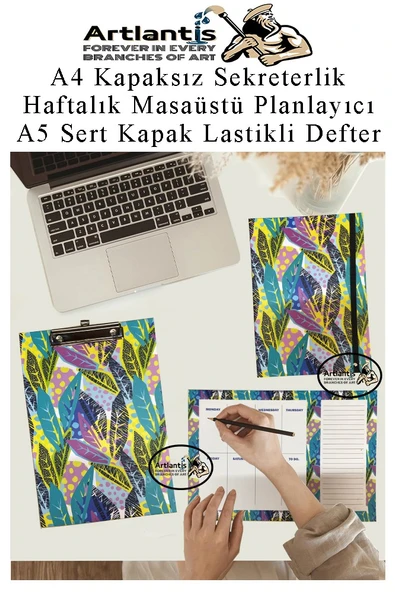 Desenli A4 Kapaksız Sekreterlik Masaüstü Haftalık Planlayıcı ve A5 Sert Kapak Lastikli Defter Planner Planlama Seti Ofis - 10