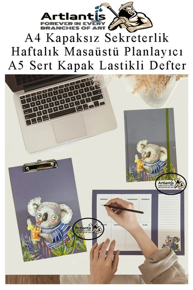 Desenli A4 Kapaksız Sekreterlik Masaüstü Haftalık Planlayıcı ve A5 Sert Kapak Lastikli Defter Planner Planlama Seti Ofis - 2