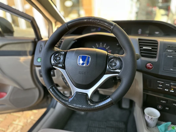 Honda Civic FB7 Araca Özel Dikmeli Direksiyon Kılıfı (Kristal Karbon Soft Nokta Krem ip) - Resim 2