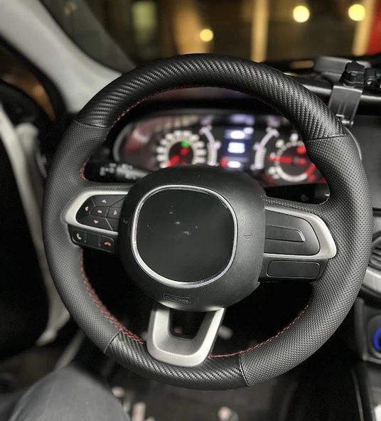 Fiat Egea Uyumlu Araca Özel Direksiyon Kılıfı (Nokta Karbon Kırmızı Dikiş) - Resim 2