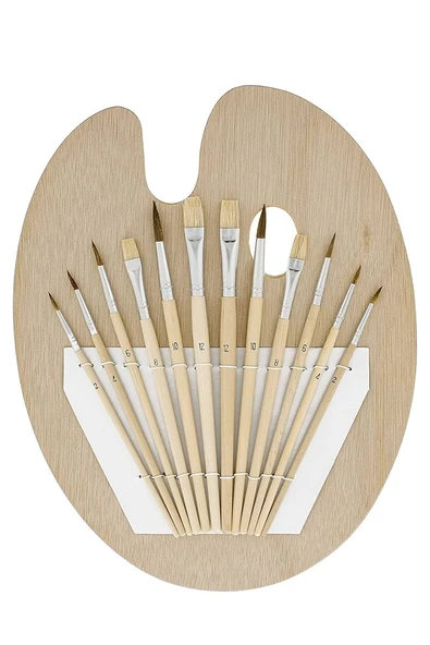 Ahşap Palet Oval Naturel 12 li Resim Fırçası Seti 1 Paket Yuvarlak ve Kesik Uçlu Boyama Fırçası Akrilik Yağlı Guaj Boya - 2