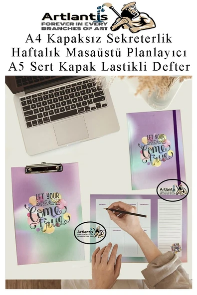 Desenli A4 Kapaksız Sekreterlik Masaüstü Haftalık Planlayıcı ve A5 Sert Kapak Lastikli Defter Planner Planlama Seti Ofis - 4