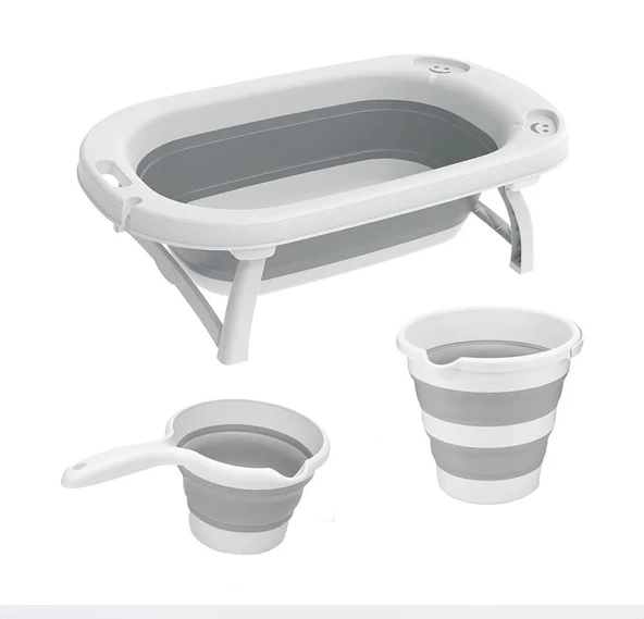 Omnipazar AK-779 Katlanır Bebek Yıkama Banyo Küvet 3'lü Set Beyaz-Gri