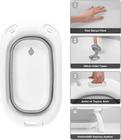 Omnipazar AK-779 Katlanır Bebek Yıkama Banyo Küvet 3'lü Set Beyaz-Gri - 4