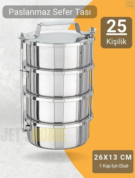 4’lü Sefer Tası 26x13 cm Yemek Taşıma Kabı Paslanmaz Çelik No:8 Kapasite 25 Kişilik
