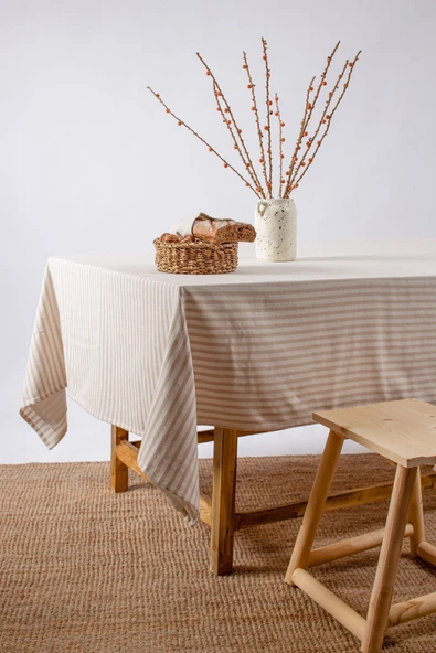Sütlü Kahve Çizgili Organik Ham Keten Masa Örtüsü - 3