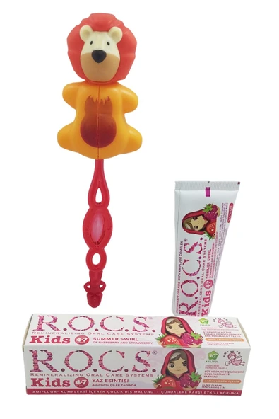 R.O.C.S. Kids 4-7 Yaş Ağız Bakım Seti -ahududu Macun + Kids Fırça Kırmızı +aslan Saklama Kabı - Resim 2