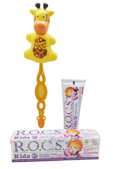 R.O.C.S. Kids 4-7 Yaş Komple Ağız Bakım Seti -balon Macun + Kids Fırçası +zürafa Saklama Kabı - Resim 2