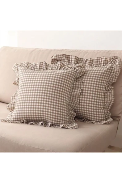 Cappuccino Rengi Vintage Fırfırlı Pötikareli Pamuklu Kırlent Kılıfı Kareli Bohem Kırlent Kılıfı 43X43 - 2
