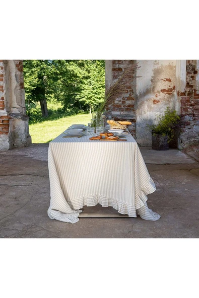 Vintage Sütlü Kahve - Bej Çizgili Buldan Keten Masa Örtüsü - 5