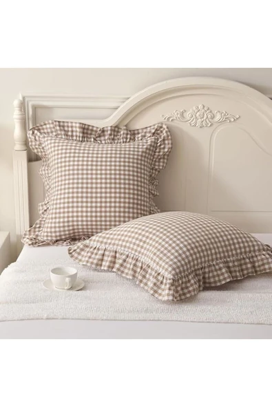 Cappuccino Rengi Vintage Fırfırlı Pötikareli Pamuklu Kırlent Kılıfı Kareli Bohem Kırlent Kılıfı 43X43