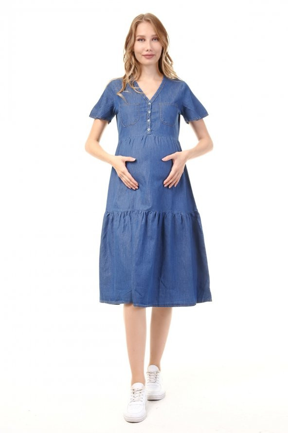 Luvmabelly MYRA5025 - Hamile Elbisesi Kot Düğmeli ve Cepli - Mavi