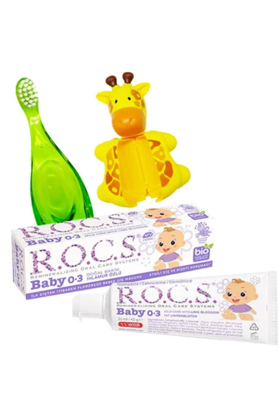 R.O.C.S. Rocs 0-3 Yaş Ihlamur Özlü Bebek Diş Macunu 35ml + Rocs 0-3 Bebek Diş Fırçası + Fırça Saklama Kabı