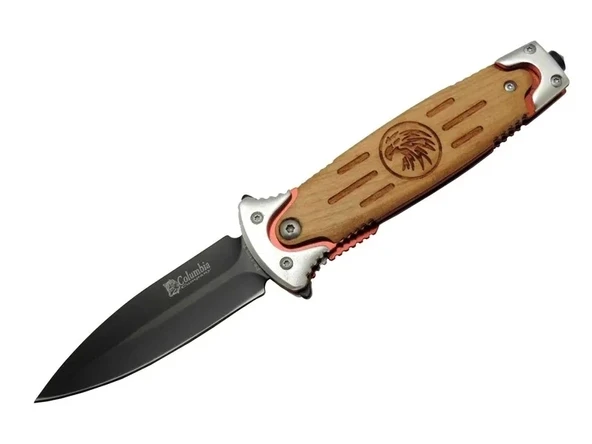 Fs 11032 Kahverengi Kurtarma / Kamp Çakısı 20cm - Kartal İşlemeli Ahşap Sap, Kemerlikli, Cam Kırma Aparatlı