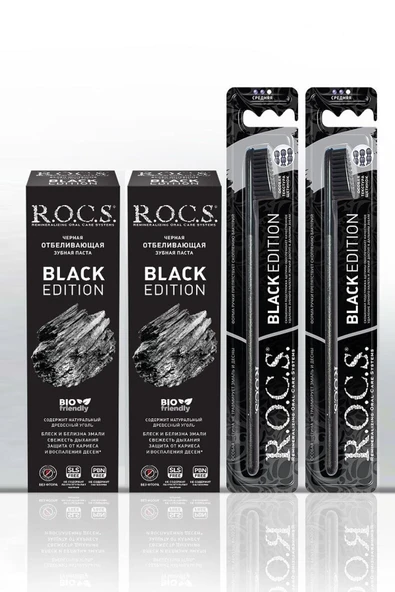 R.O.C.S. Rocs Black Edition Kömür Özlü Beyazlatıcı Ağız Bakım Seti - 2 Macun Ve 2 Fırça