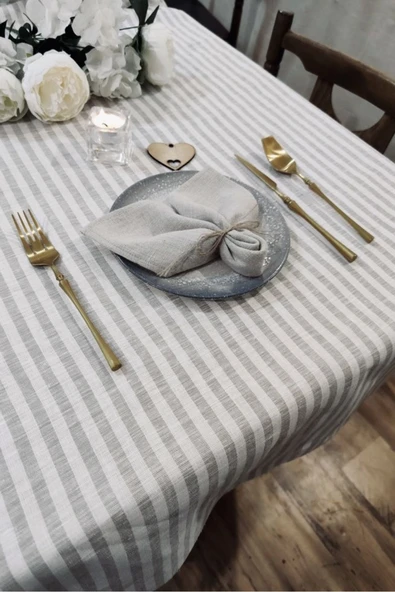 Gri Çizgili Keten, Pamuk Masa Örtüsü - 3