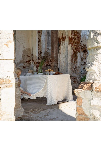 Vintage Sütlü Kahve - Bej Çizgili Buldan Keten Masa Örtüsü - 4