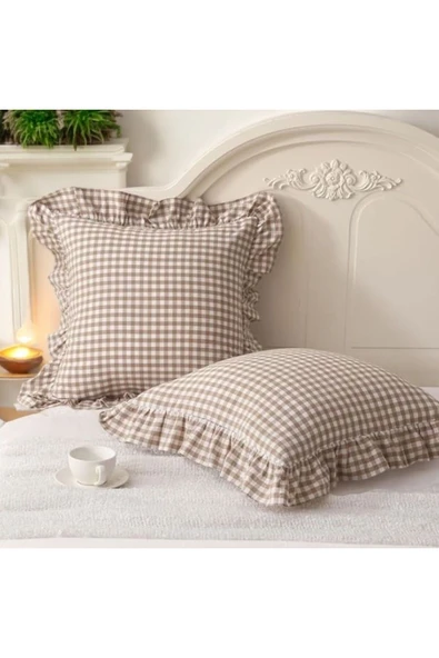 Cappuccino Rengi Vintage Fırfırlı Pötikareli Pamuklu Kırlent Kılıfı Kareli Bohem Kırlent Kılıfı 43X43 - 3