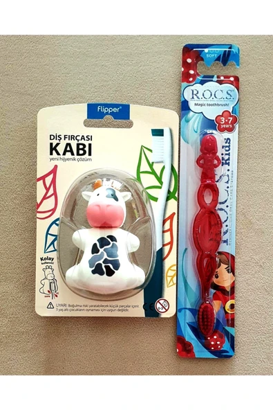 R.O.C.S. R.o.c.s 3-7 Yaş Diş Fırçası Kırmızı Ve Inek Figürlü Flipper Diş Fırça Kabı