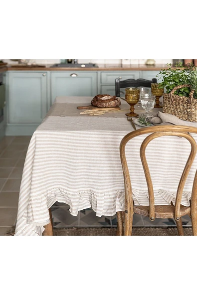 Vintage Sütlü Kahve - Bej Çizgili Buldan Keten Masa Örtüsü - 2
