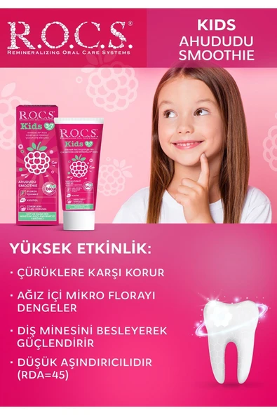 R.O.C.S. Kıds 3-7 Yaş Ahududu Smoothıe Tadında Florürsüz Diş Macunu 45g - Resim 3