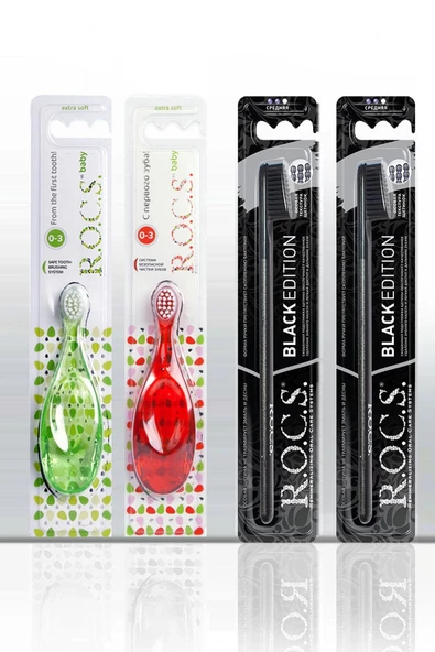 R.O.C.S. Rocs Black Edıtıon 2 Adet Diş Fırça Ve 2 Adet 0-3 Baby Diş Fırça Aile Seti (KIRMIZI-YEŞİL)