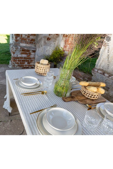 Vintage Sütlü Kahve - Bej Çizgili Buldan Keten Masa Örtüsü - 3