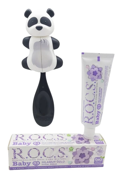 R.O.C.S. Baby Neon Komple Ağız Bakım Seti - Ihlamur Macun + Neon Fırçası Mor+panda Saklama Kabı - 3