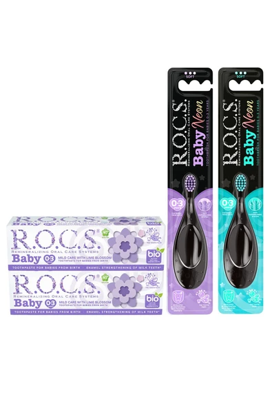 R.O.C.S. Baby 0-3 Yaş Ihlamur Özlü Diş Mcn Ve Baby Neon Diş Frc- 2 Macun + 2 Fırça Set Turkuaz-mor