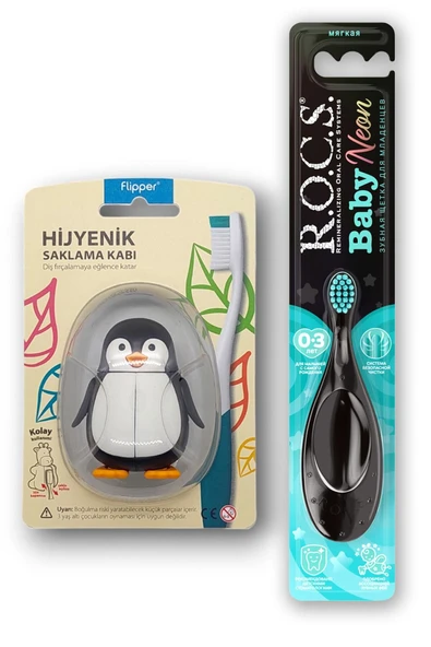R.O.C.S. Baby Neon 0-3 Yaş Diş Fırçası Turkuaz Ve Flipper Hijyenik Saklama Kabı Seti - Penguen