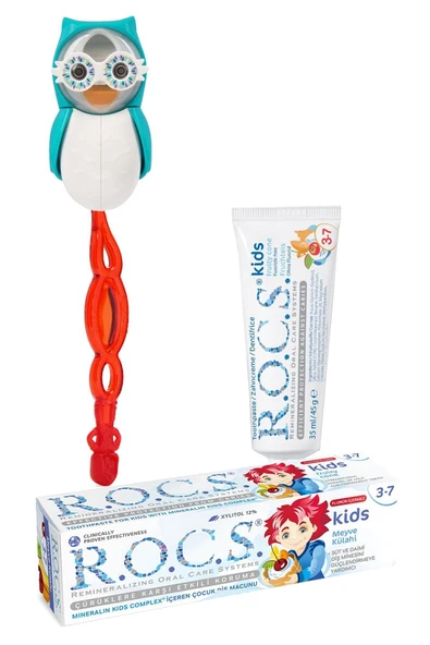 R.O.C.S. R.o.c.s Kıds Mavi Baykuş Bakım Seti - Meyve Külahı Diş Mcn Kırmızı Diş Fırçası Baykuş Saklama Kabı