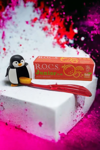 R.O.C.S. R.o.c.s 6-12 Penguen Bakım Seti - Gökkuşağı Diş Macunu+ Junıor Diş Fırçası Kırmızı+ Penguen Kabı - 4