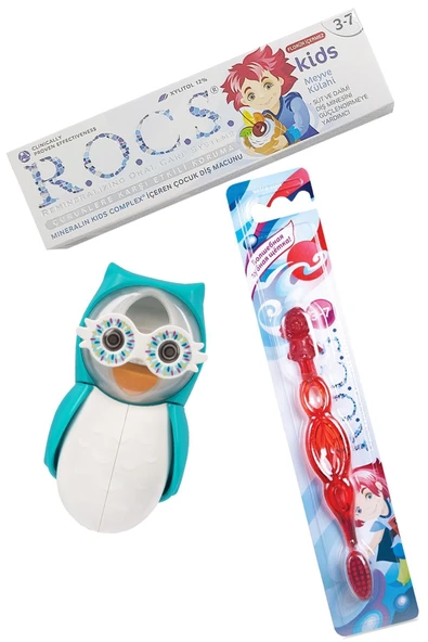 R.O.C.S. R.o.c.s Kıds Mavi Baykuş Bakım Seti - Meyve Külahı Diş Mcn Kırmızı Diş Fırçası Baykuş Saklama Kabı - Resim 2