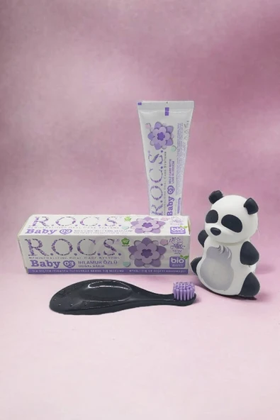 R.O.C.S. Baby Neon Komple Ağız Bakım Seti - Ihlamur Macun + Neon Fırçası Mor+panda Saklama Kabı - 4