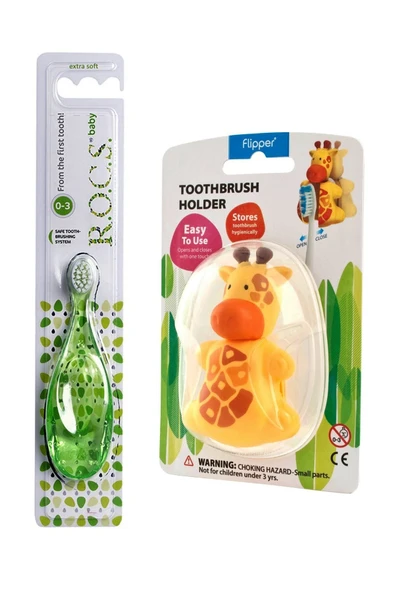 R.O.C.S. Zürafa Figürlü Baby 0-3 Yaş Diş Fırçası Ve Flipper Hijyenik Saklama Kabı Seti-yeşil Fırça - 7