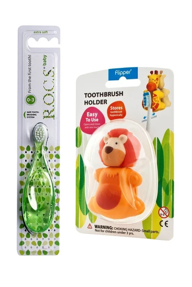 R.O.C.S. Baby 0-3 Yaş Diş Fırçası Ve Flipper Hijyenik Saklama Kabı Seti - Aslan Figürlü Yeşil Fırça - Resim 5