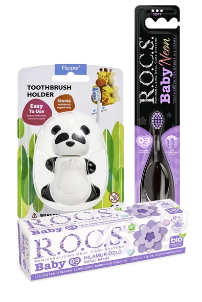 R.O.C.S. Baby Neon Komple Ağız Bakım Seti - Ihlamur Macun + Neon Fırçası Mor+panda Saklama Kabı - 2
