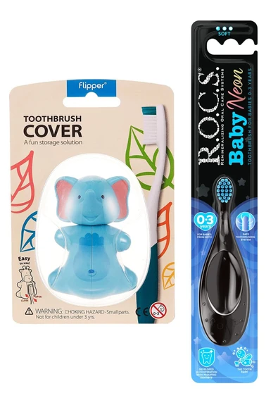 R.O.C.S. Baby Neon 0-3 Yaş Diş Fırçası Mavi Ve Flipper Hijyenik Saklama Kabı Seti -fil