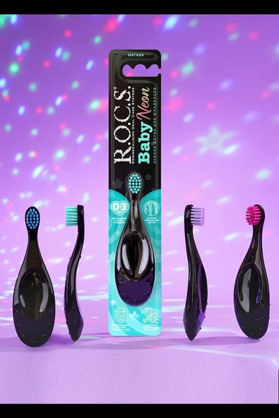 R.O.C.S. Baby Neon 0-3 Yaş Için Ekstra Yumuşak Diş Fırçası - 2'li Set - Mor+mavi - 4