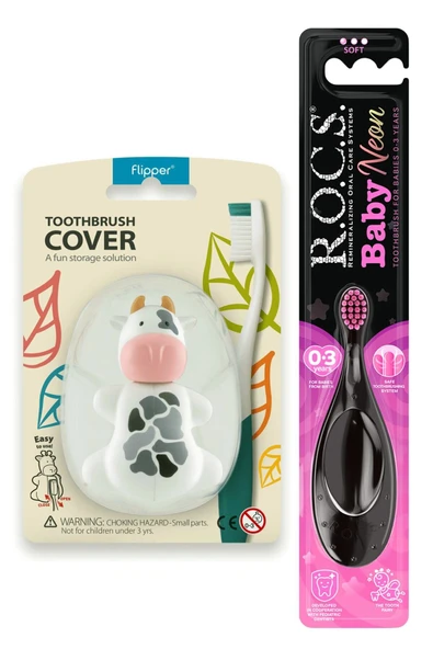 R.O.C.S. Baby Neon 0-3 Yaş Diş Fırçası Pembe Ve Flipper Hijyenik Saklama Kabı Seti - Inek