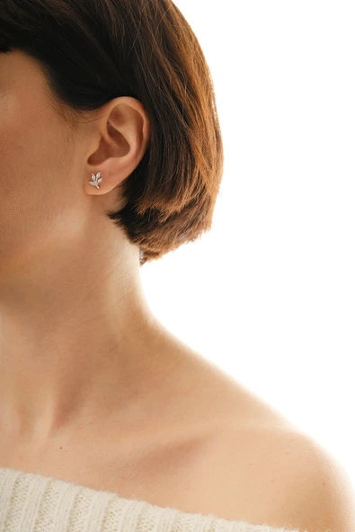 Gümüş rodyumlu markız kesim zirkon taşlı yaprak küpe SGTL12837RODAJ - Resim 3