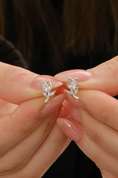 Gümüş rodyumlu damla kesim zirkon taşlı lale küpe SGTL12834RODAJ ürün görseli