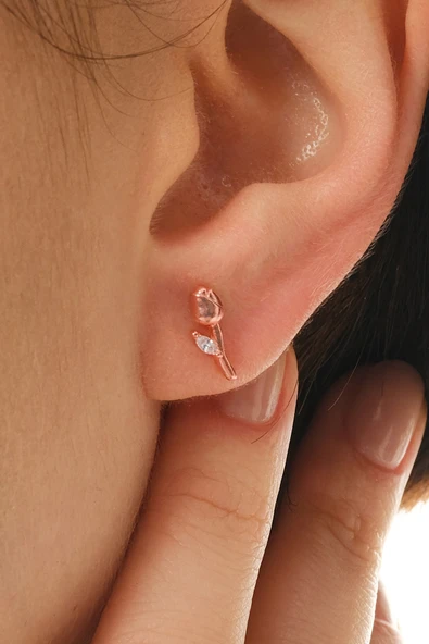 Gümüş rose markız kesim zirkon taşlı lale küpe SGTL12835ROSE - Resim 2