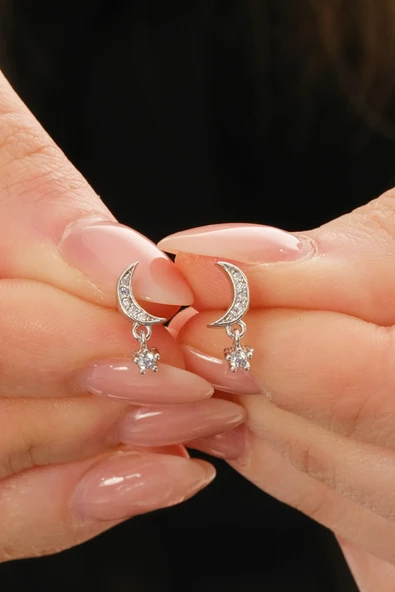 Gümüş rodyumlu zirkon taşlı sallantılı ay yıldız küpe SGTL12831RODAJ