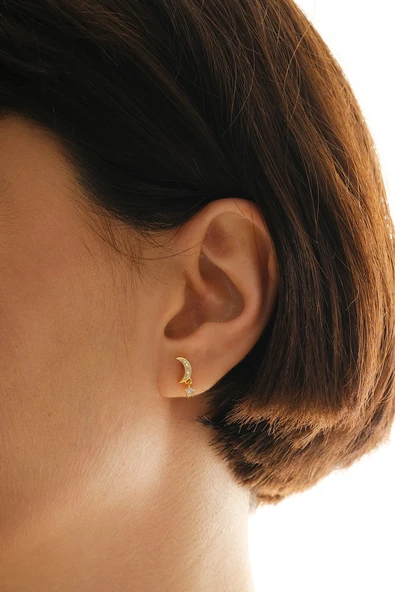 Gümüş altın yaldızlı zirkon taşlı sallantılı ay yıldız küpe SGTL12831GOLD - Resim 2